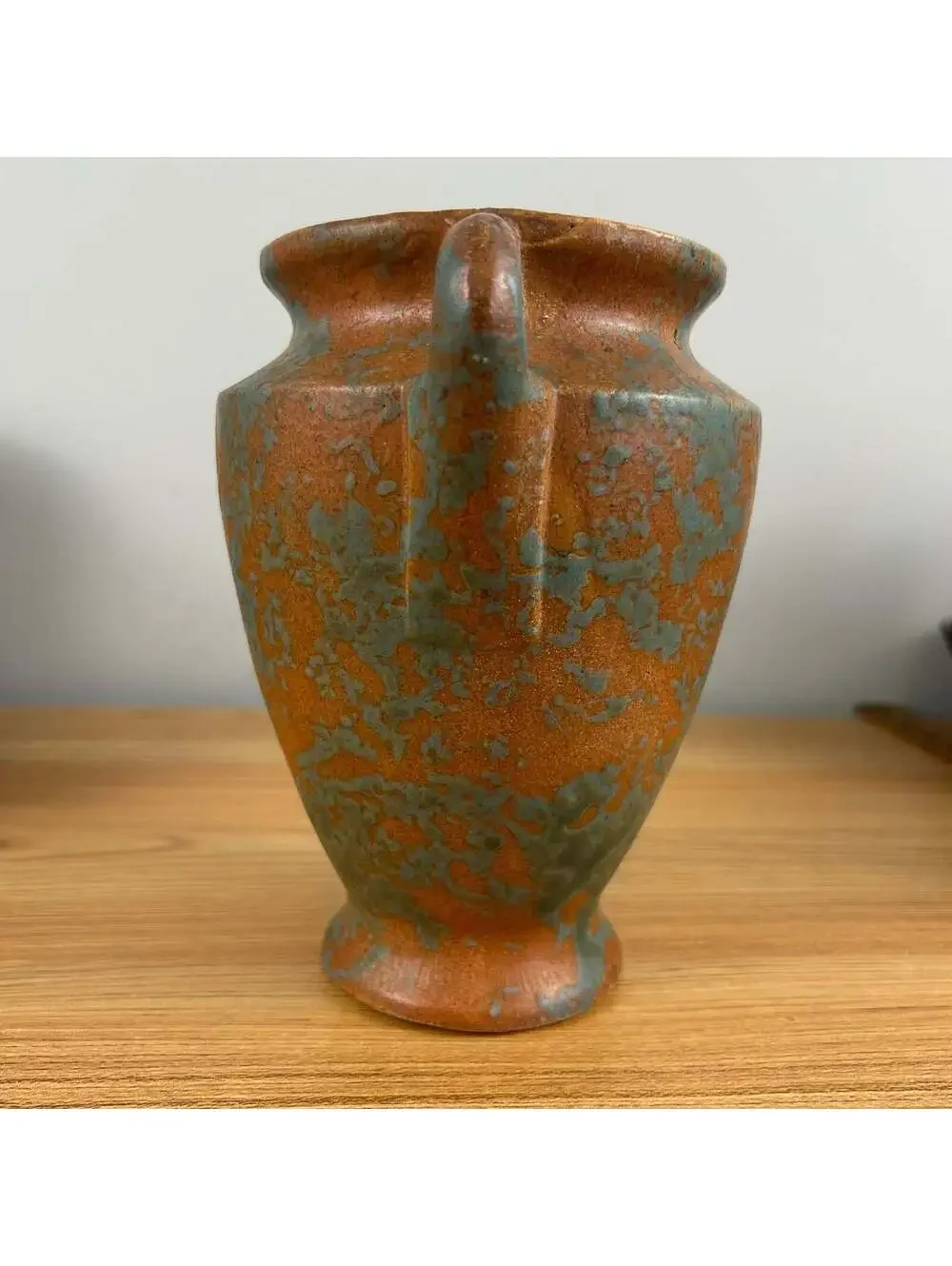 Burley WInter 1930s Vintage Art Pottery Mottled Green and Orange Handled Vase 45